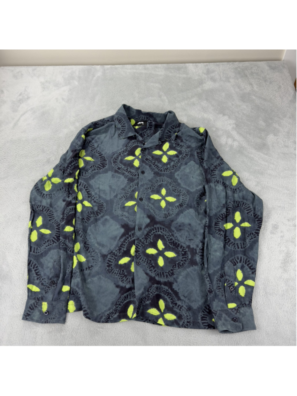 Stussy Shirt Mens Large Gray Neon Geometric Rayon Long Sleeve Button-Up